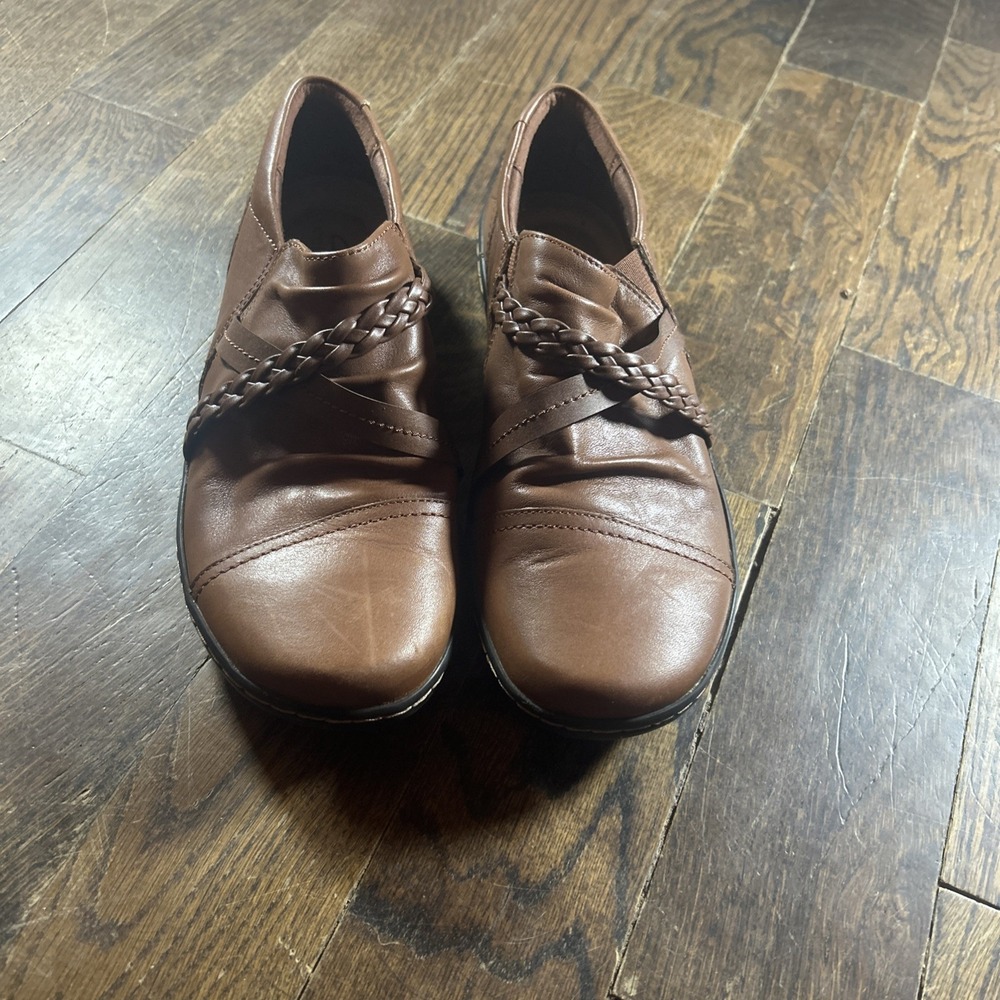 Clarks‎ Cora Braid Loafers Womens 7.5 M Brown Leather Comfort Slip On Shoes